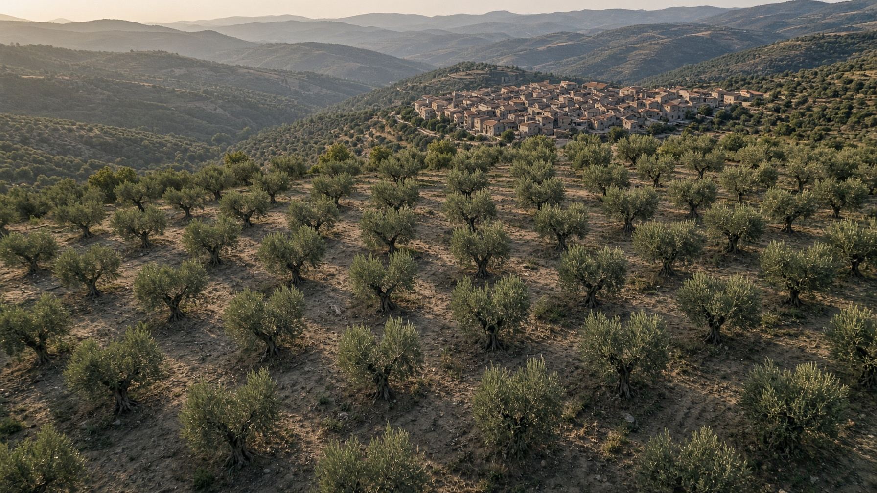 Aerial view of olive trees on terraces above a Molise village