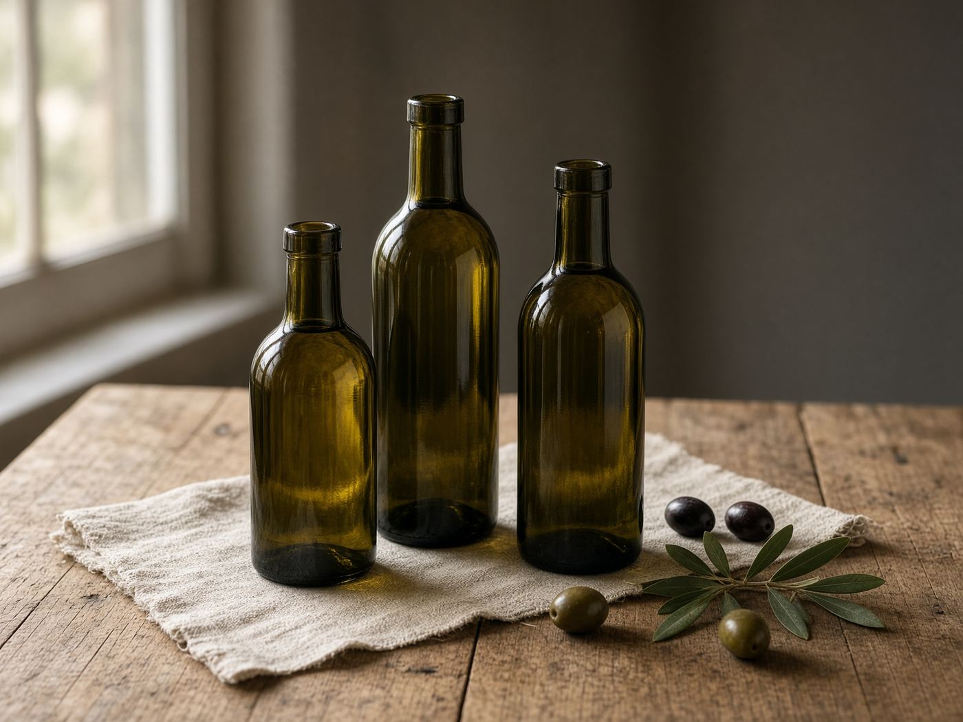Three unlabeled bottles of green-gold olive oil on a wooden table