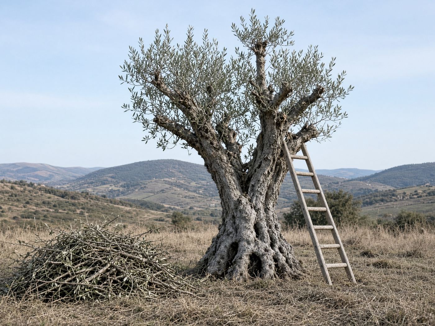 A pruned ancient olive tree with a wooden ladder against the trunk