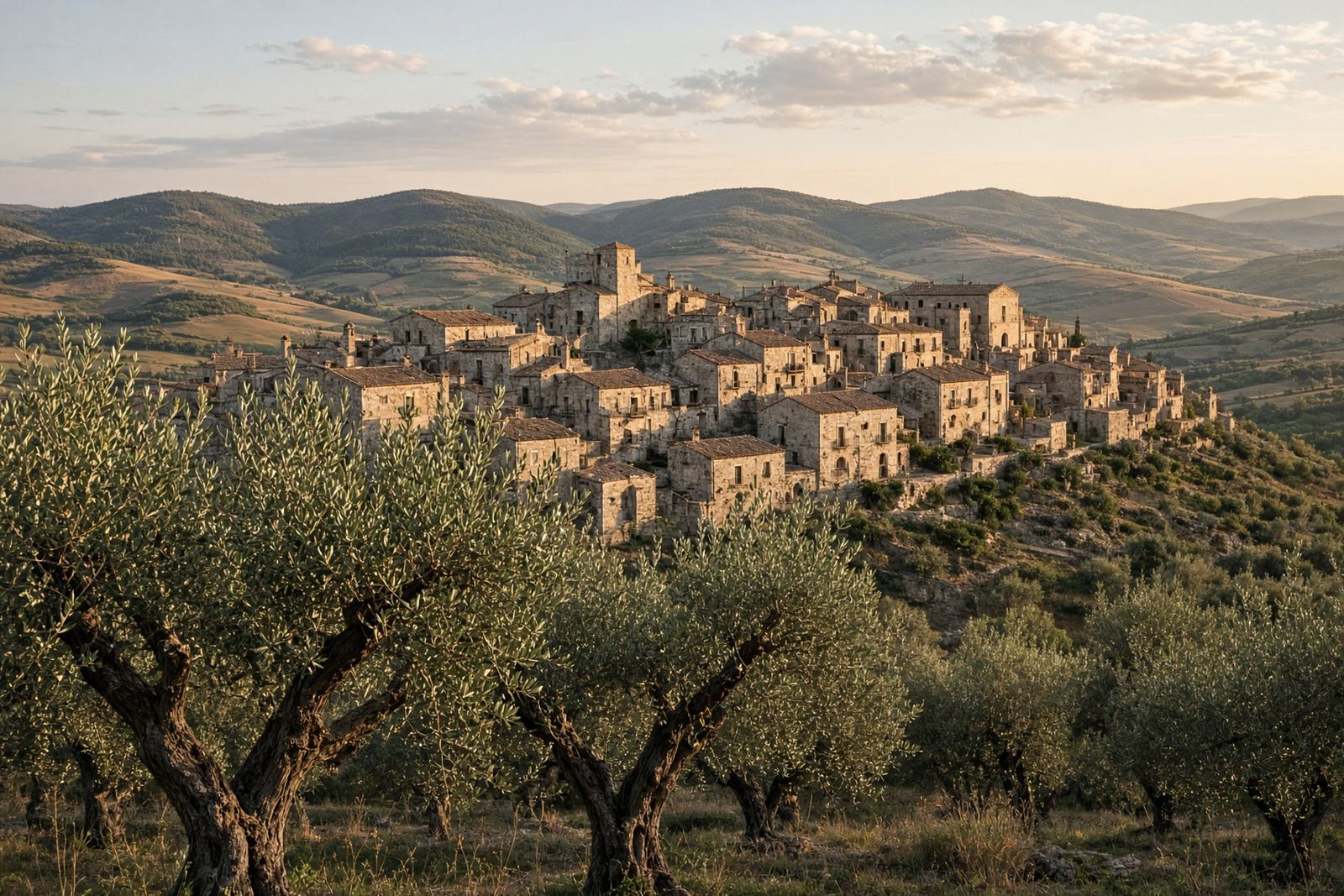 A stone village with terracotta roofs, olive trees in the foreground